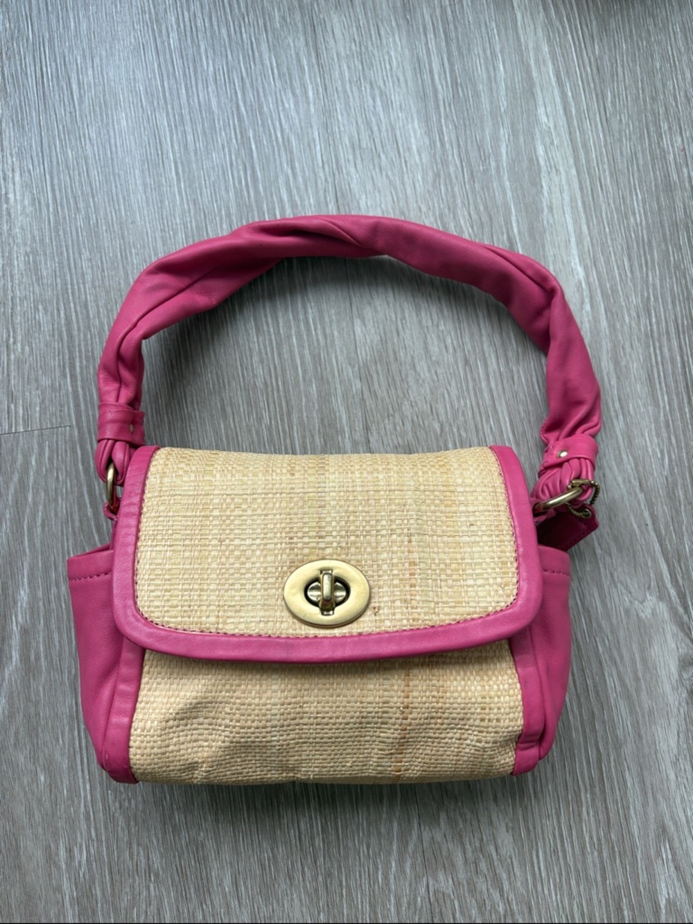Coach Pink Trim Straw Shoulder Bag